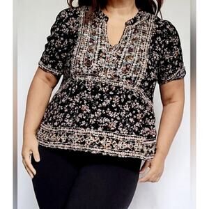 Knox Rose Women Size XXL Black Boho Embroidered Multicolor Floral Split Neck Top